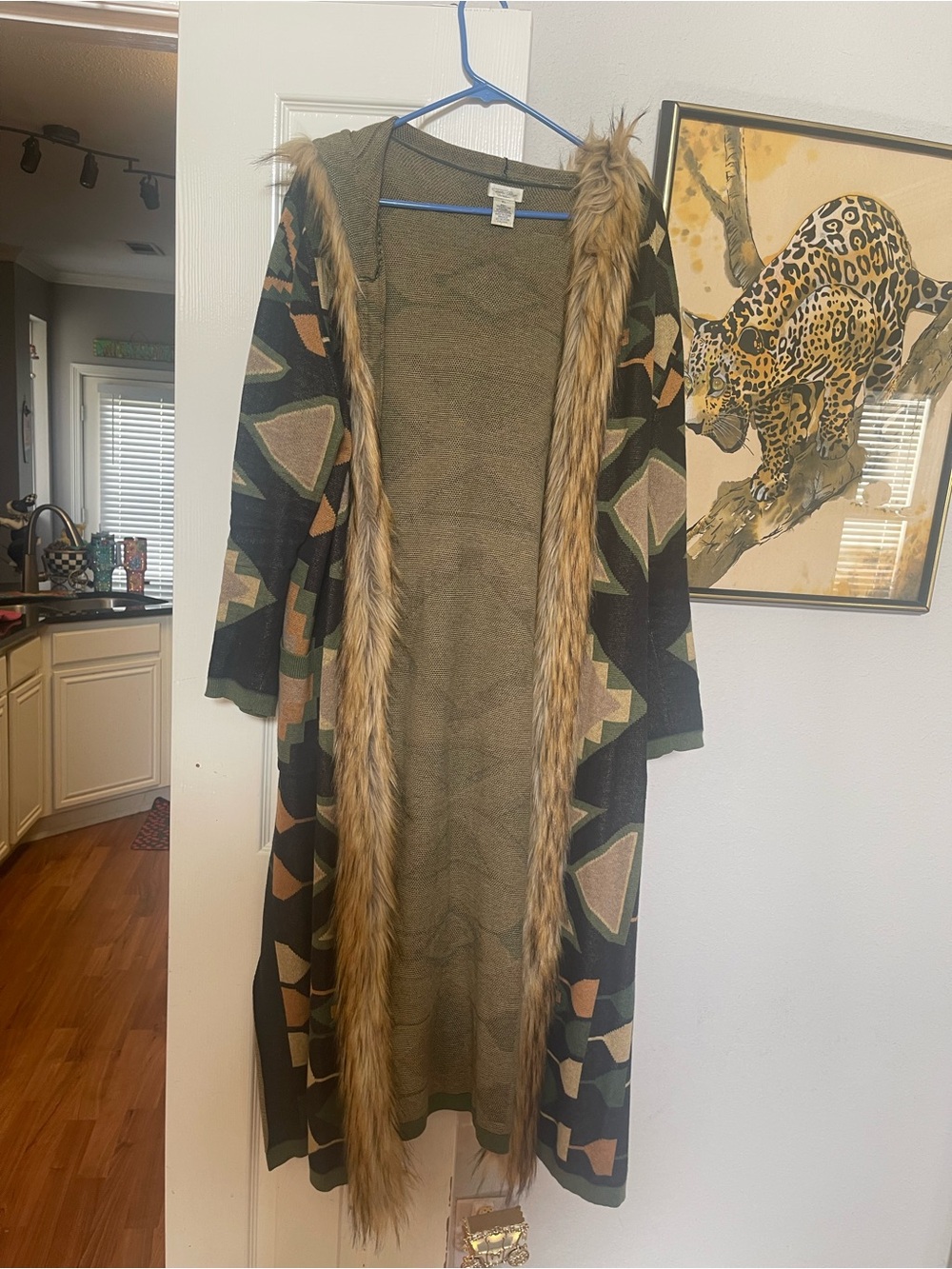 Tasha Polizzi Olive & Black Southwestern Faux Fur Trim Long Cape xl
